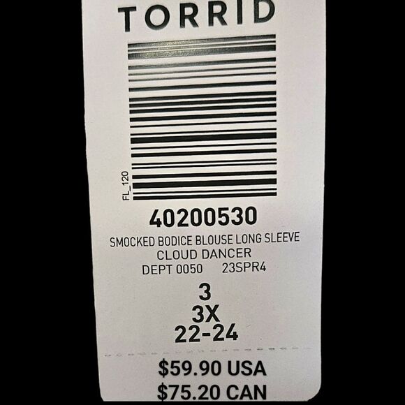New TORRID Cloud dancer white smokedโbodice long sleeve cropped babydoll/Blouse - Picture 14 of 16
